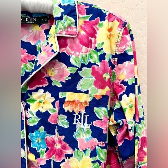 RALPH LAUREN | Navy Floral Pajama Top Embroidered Monogram | Size Medium - Picture 5 of 7